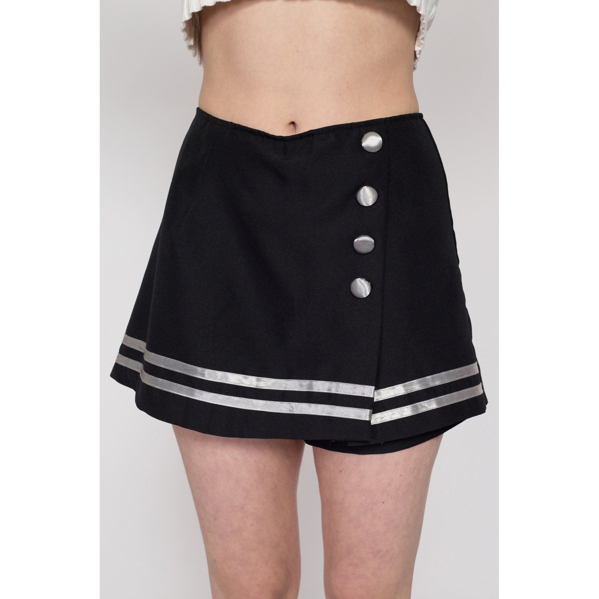 Small 90s Gothic Nautical Black Mini Skort | Vintage High Waisted Striped Trim Shorts Skirt