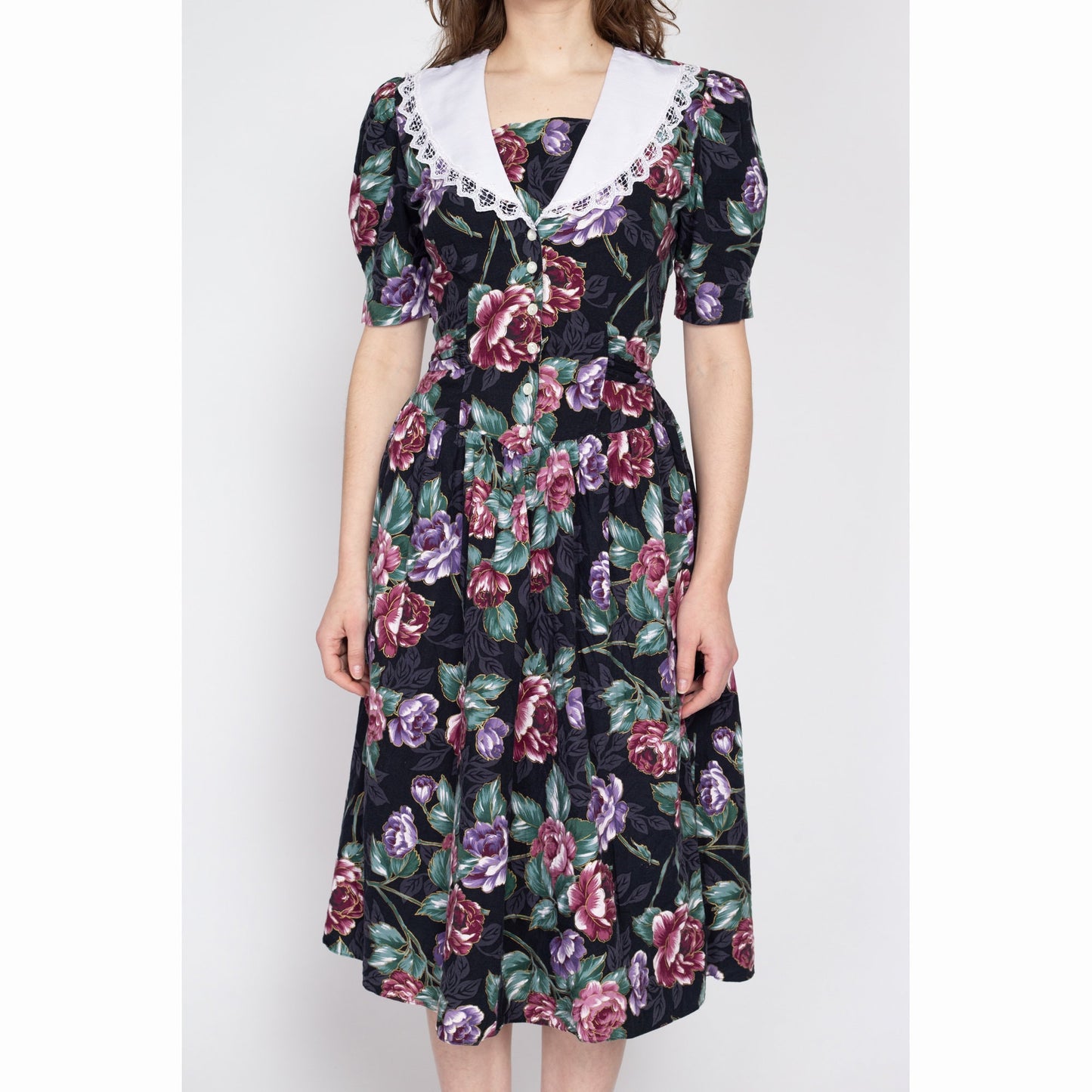 Medium 80s Black Floral Sailor Collar Fit & Flare Dress | Vintage Boho Fitted Waist Puff Sleeve Midi Dress