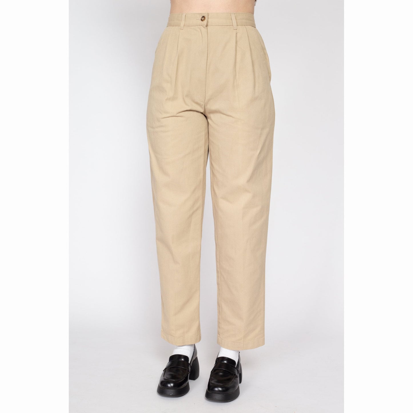 Small 80s Khaki High Waisted Trousers 27" | Vintage Pleated Tapered Leg Mom Pants