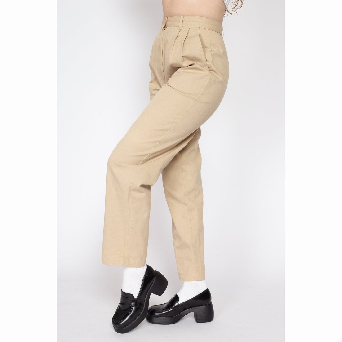 Small 80s Khaki High Waisted Trousers 27" | Vintage Pleated Tapered Leg Mom Pants