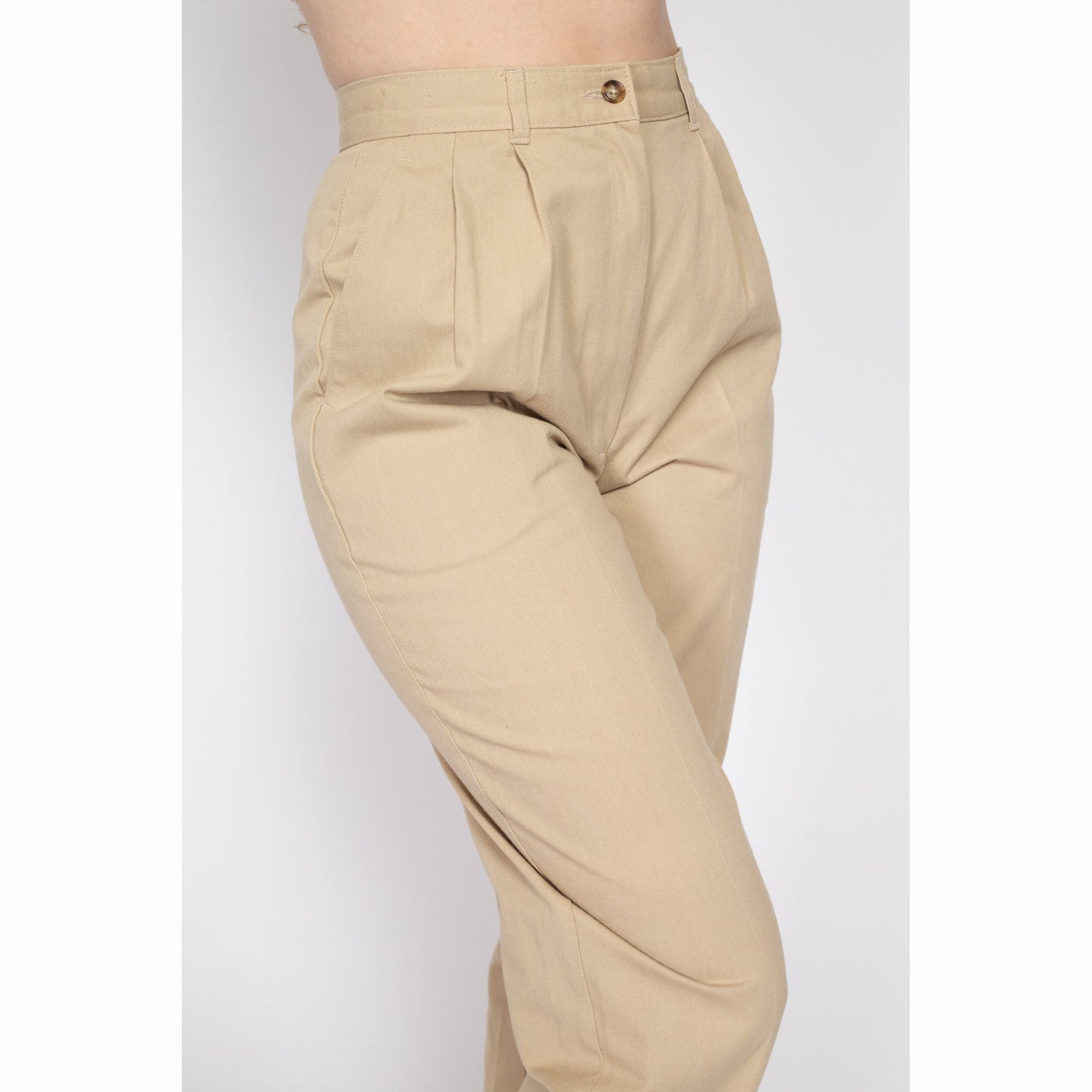 Small 80s Khaki High Waisted Trousers 27" | Vintage Pleated Tapered Leg Mom Pants