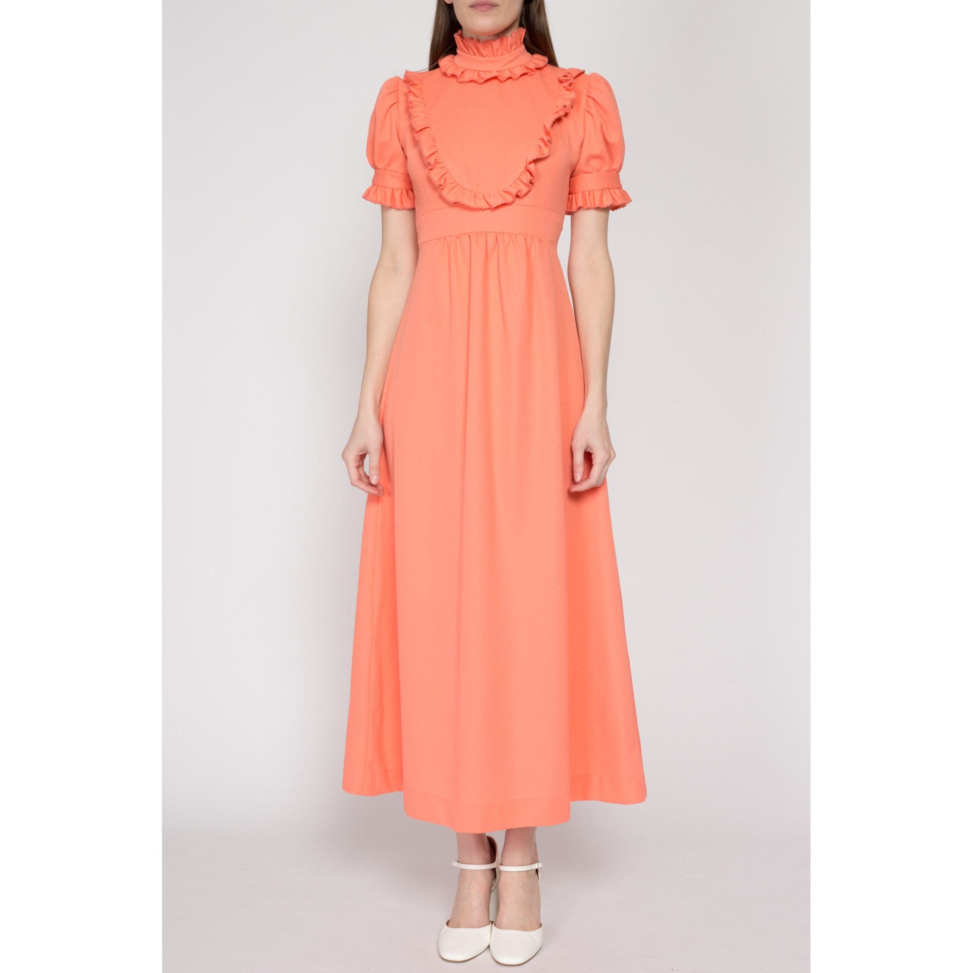 XS 70s Peach Prairie Puff Sleeve Maxi Dress | Boho Vintage Orange A Line Cottagecore Ruffle Trim Hippie Gown