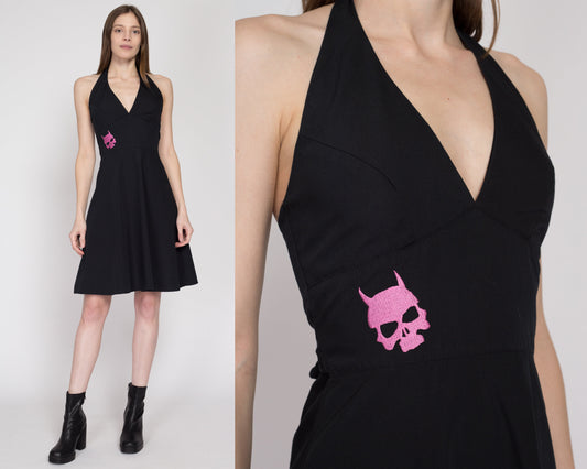 XS Y2K Devil Skull Black & Pink Embroidered Halter Dress | Gothic Vintage Fit Flare Rocker Party Dress
