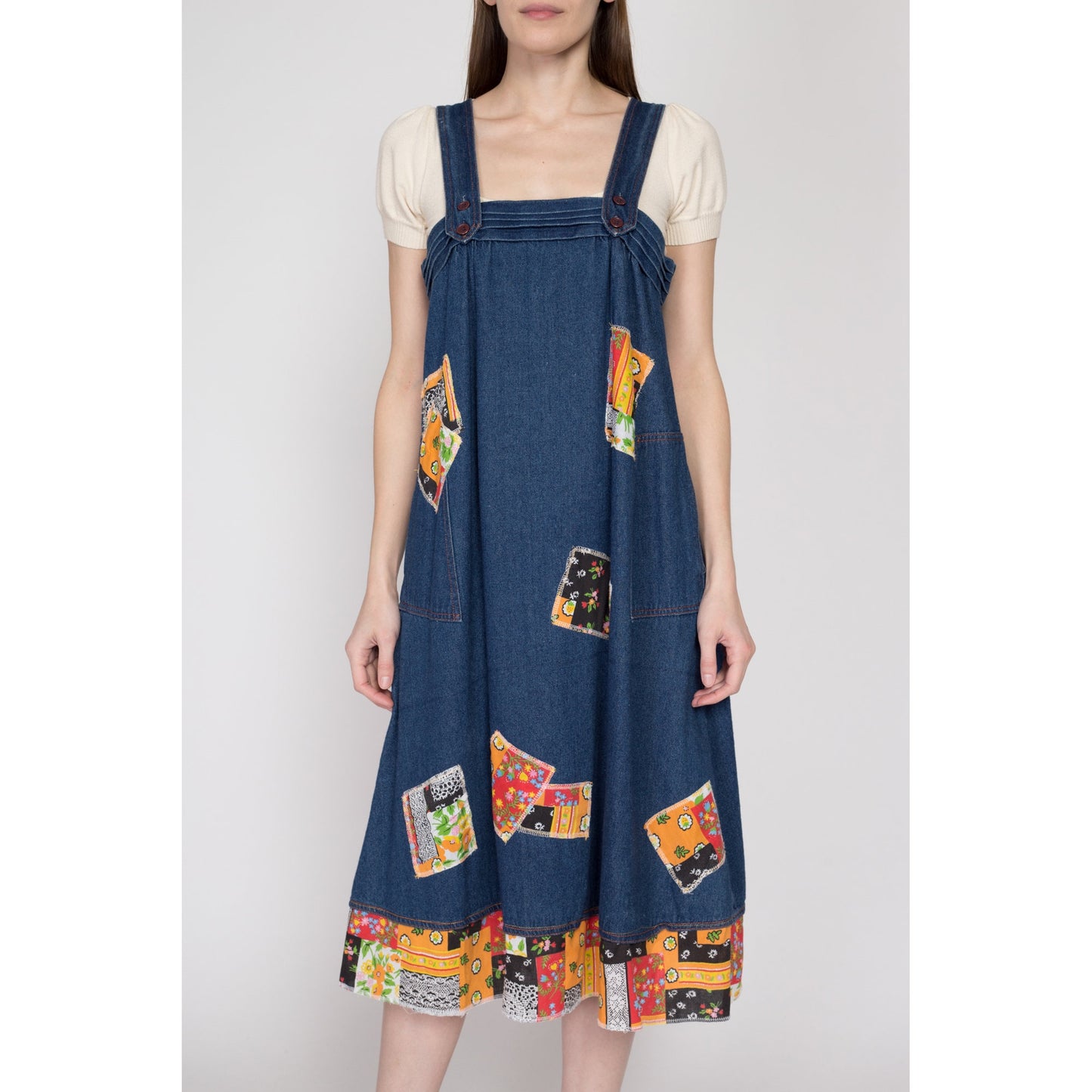 Small 70s Boho Denim Patchwork Pinafore Dress | Vintage A Line Sleeveless Jean Midi Tent Dress