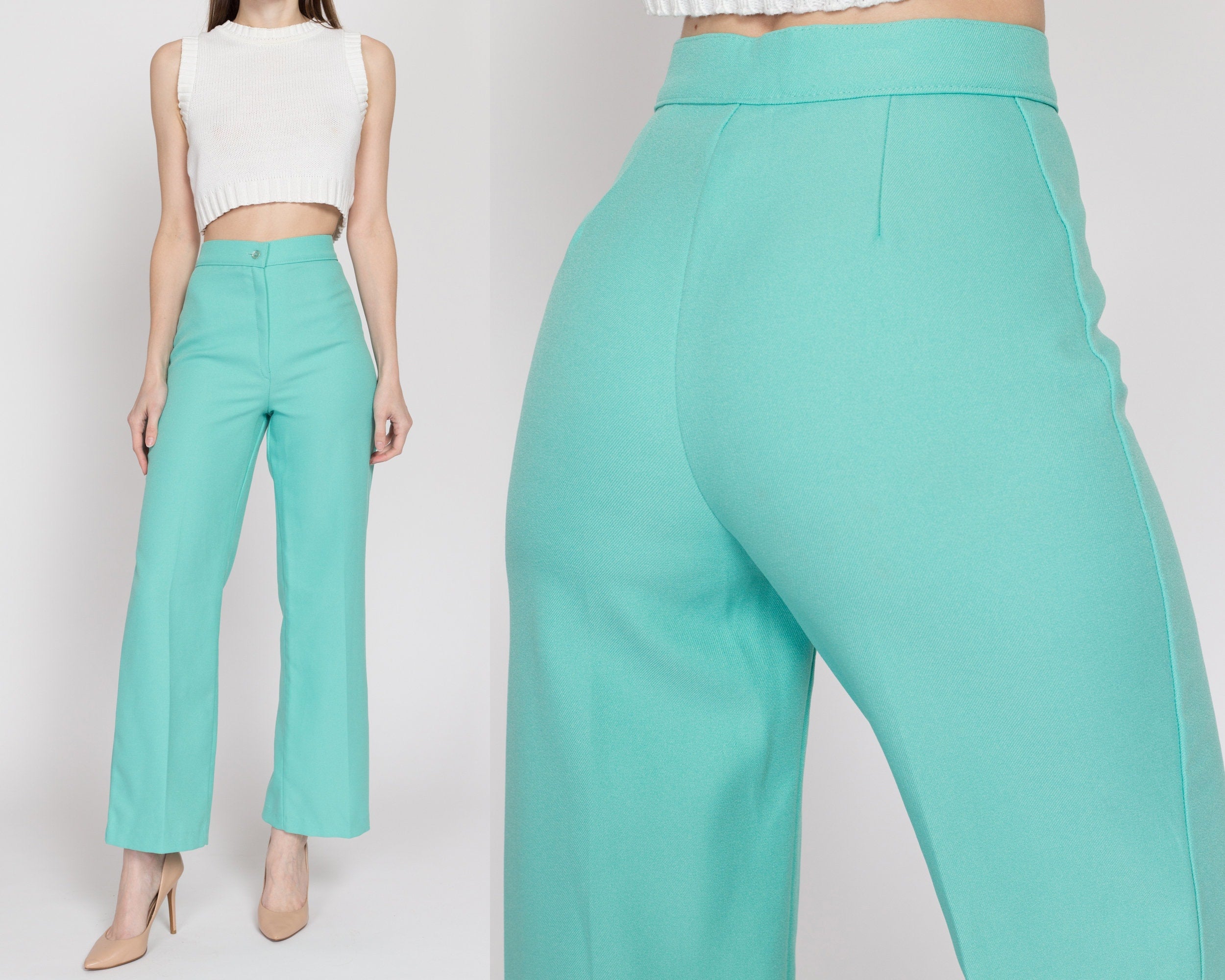 XS 70s Aqua Blue High Waisted Trousers 24 – Flying Apple Vintage