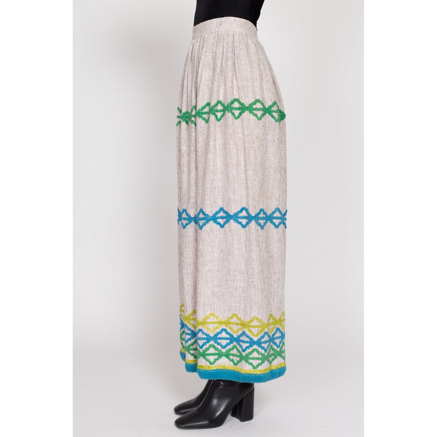 XS 70s Boho Embroidered Woven Maxi Skirt 24.5" | Vintage Striped A Line Long Hippie Hostess Skirt