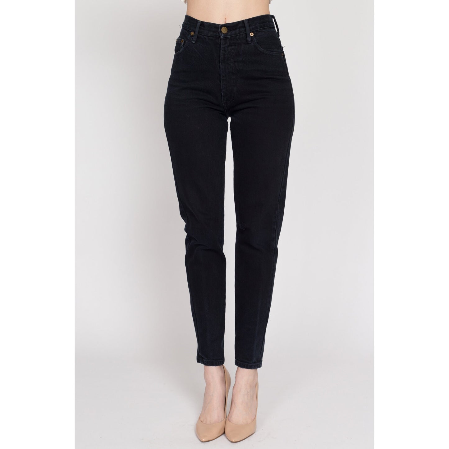 XS 90s Black High Waisted Jeans 25" | Vintage Paris Blues Denim Tapered Leg Slim Skinny Mom Jeans