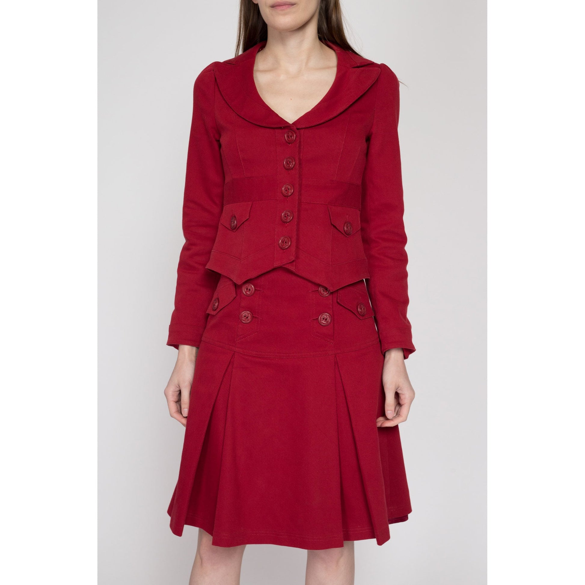 XS-Sm Vintage Nanette Lepore Red Corduroy Skirt & Jacket Set | Y2K Nautical Anchor Button Blazer High Waisted Midi Skirt Two Piece Outfit