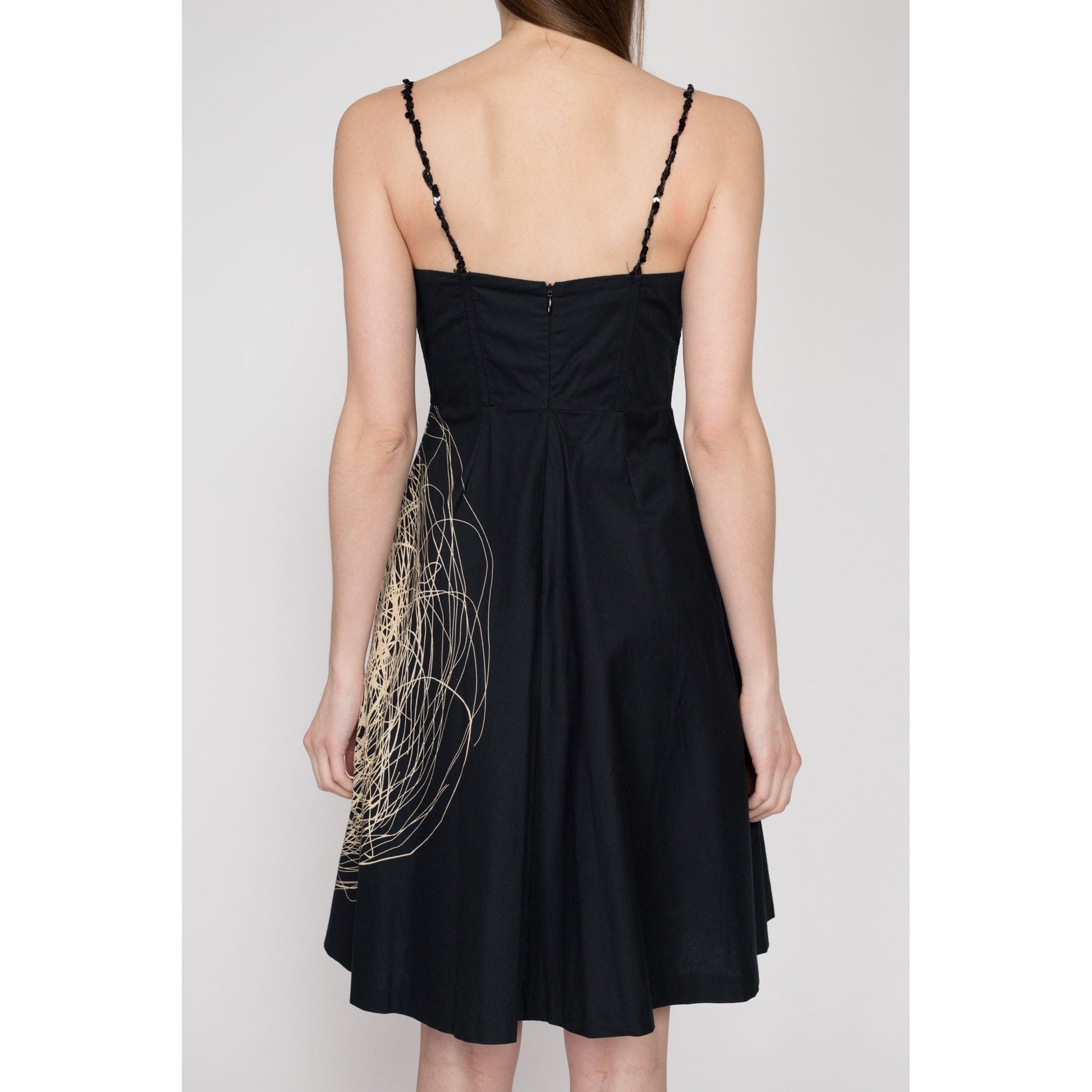 XS Vintage Patrizia Pepe Scribble Graphic Fit & Flare Dress | Y2K Made In Italy Black Sequin Spaghetti Strap Party Dress