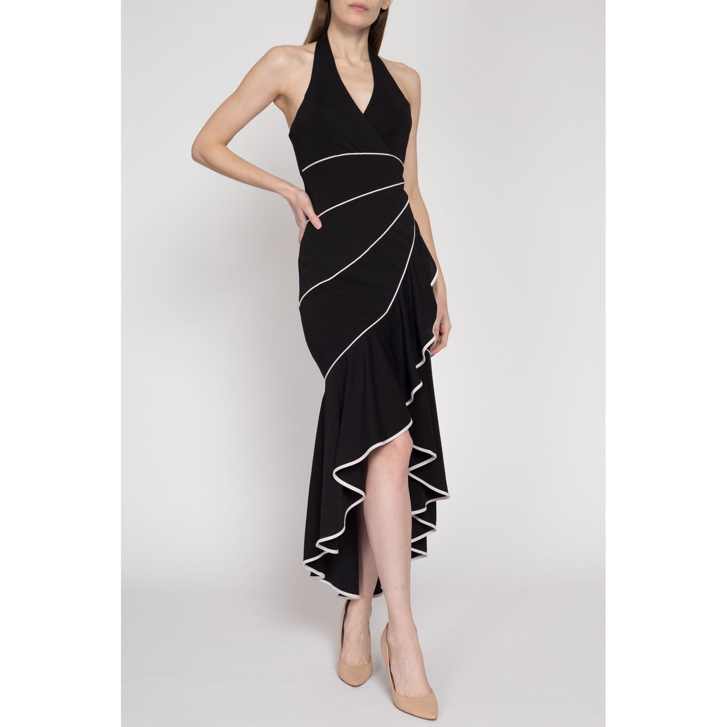 XS 90s Niki Livas Black & White Halter High-Low Party Dress | Vintage Ruffle Trumpet Hem Sleeveless Maxi Cocktail Evening Gown