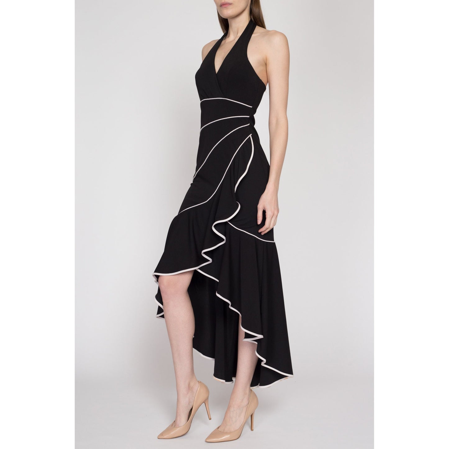 XS 90s Niki Livas Black & White Halter High-Low Party Dress | Vintage Ruffle Trumpet Hem Sleeveless Maxi Cocktail Evening Gown