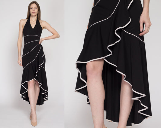 XS 90s Niki Livas Black & White Halter High-Low Party Dress | Vintage Ruffle Trumpet Hem Sleeveless Maxi Cocktail Evening Gown