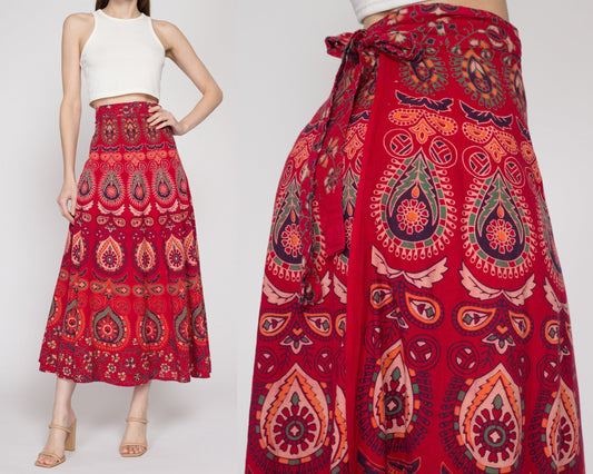 Sm-Lrg 70s Boho Indian Red Block Print Maxi Wrap Skirt | Vintage Batik Cotton A Line Ankle Length Hippie Skirt