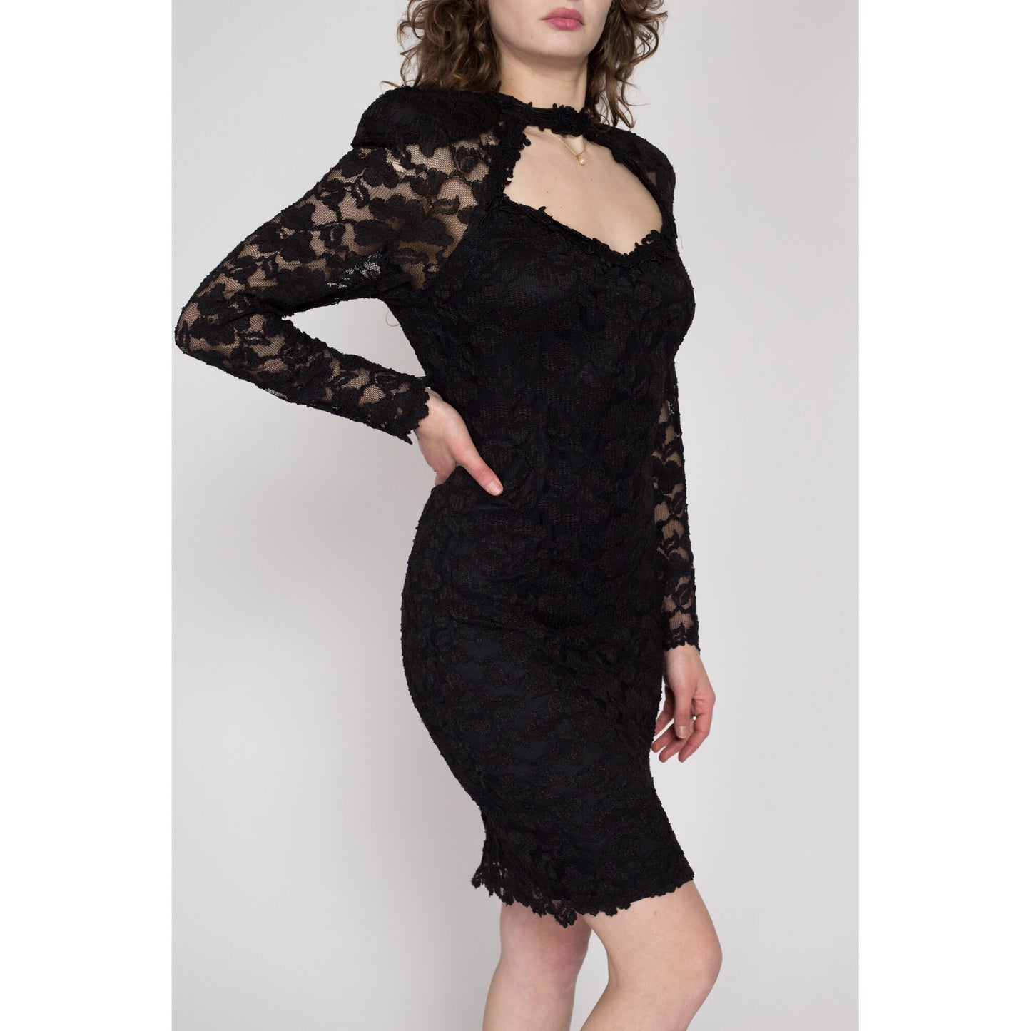 Medium 80s Black Lace Choker Party Dress | Vintage Keyhole Back Sexy Fitted Mini Cocktail Dress