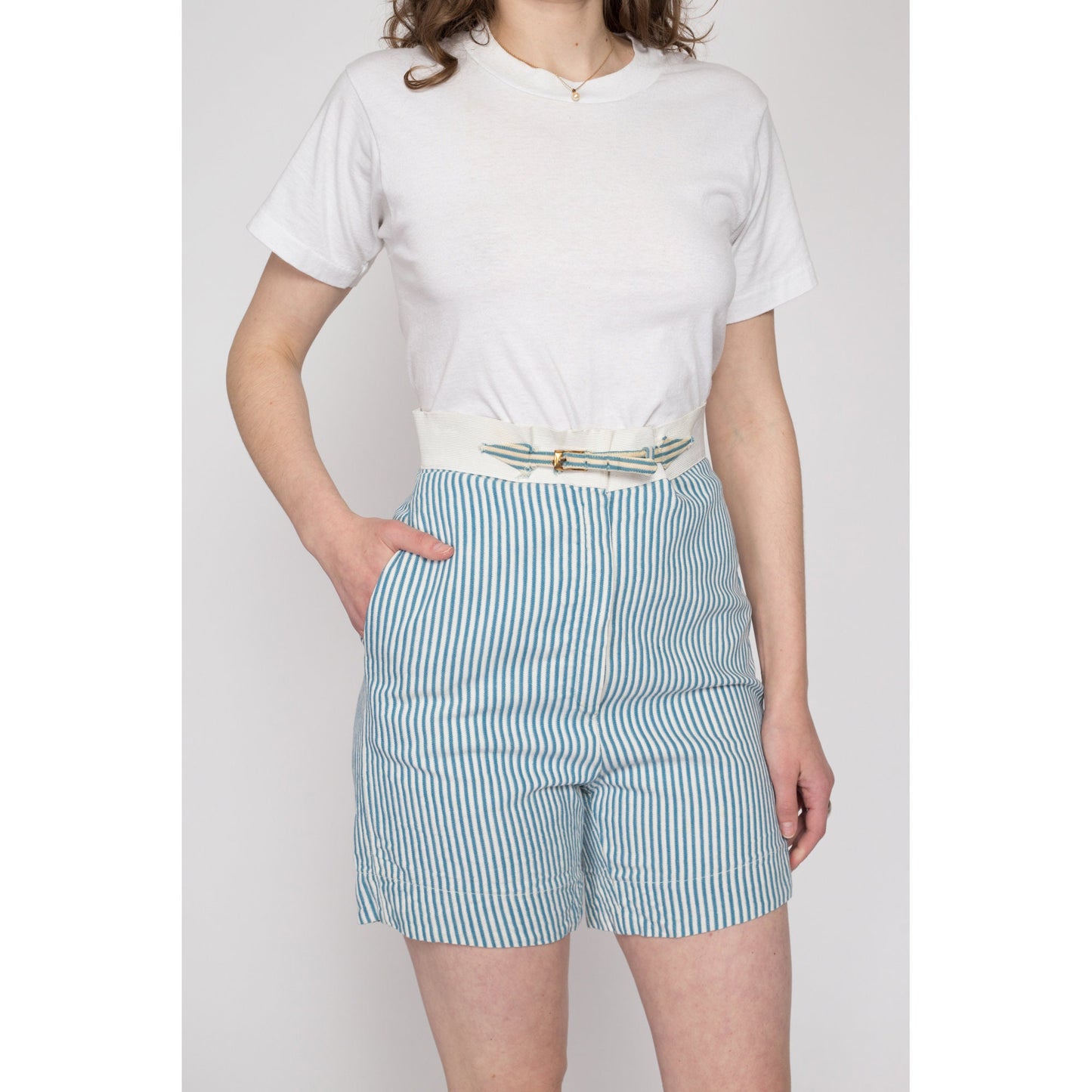 Sm-Med 50s 60s Blue & White Striped Summer Shorts, As Is | Retro Vintage High Waisted Athletic Swim Shorts