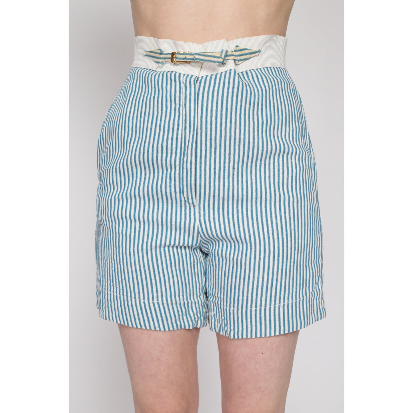 Sm-Med 50s 60s Blue & White Striped Summer Shorts, As Is | Retro Vintage High Waisted Athletic Swim Shorts