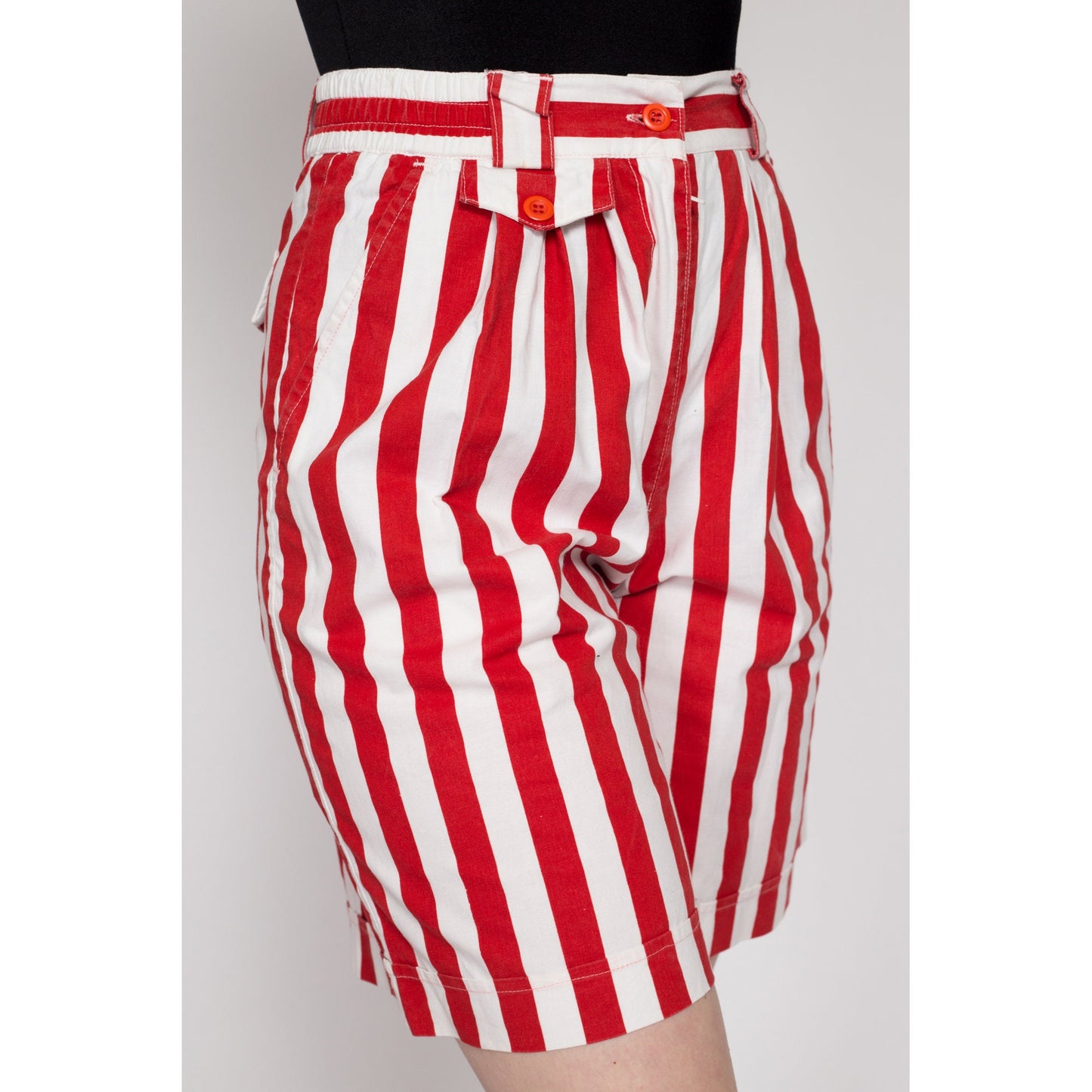 Medium 80s Red & White Striped Cotton Shorts | Vintage Elastic Waist Wide Leg Causal Shorts