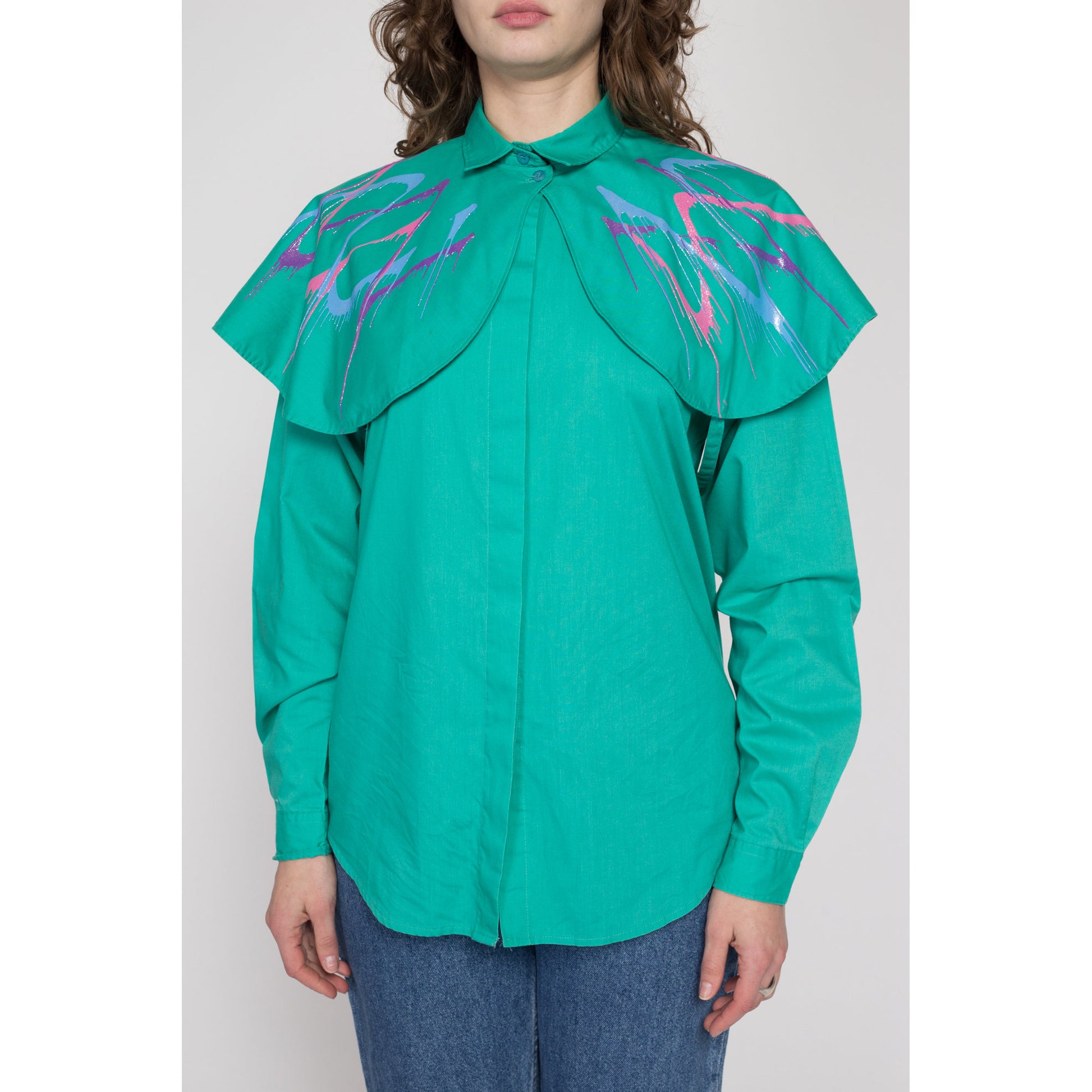 Medium 80s Teal Cameo Rose Western Capelet Shirt | Vintage Paint Splatter Graphic Collared Cape Top