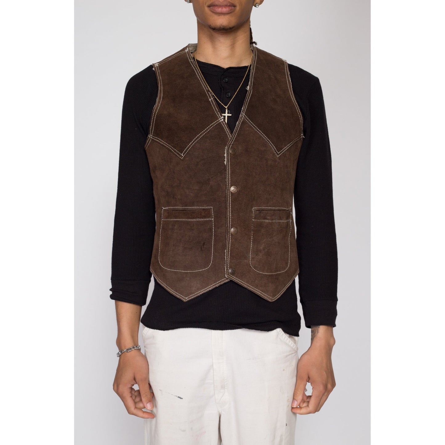 XS 70s Dark Brown Suede Sherpa Vest | Vintage Made In Mexico Western Leather Shearling Lined Vest
