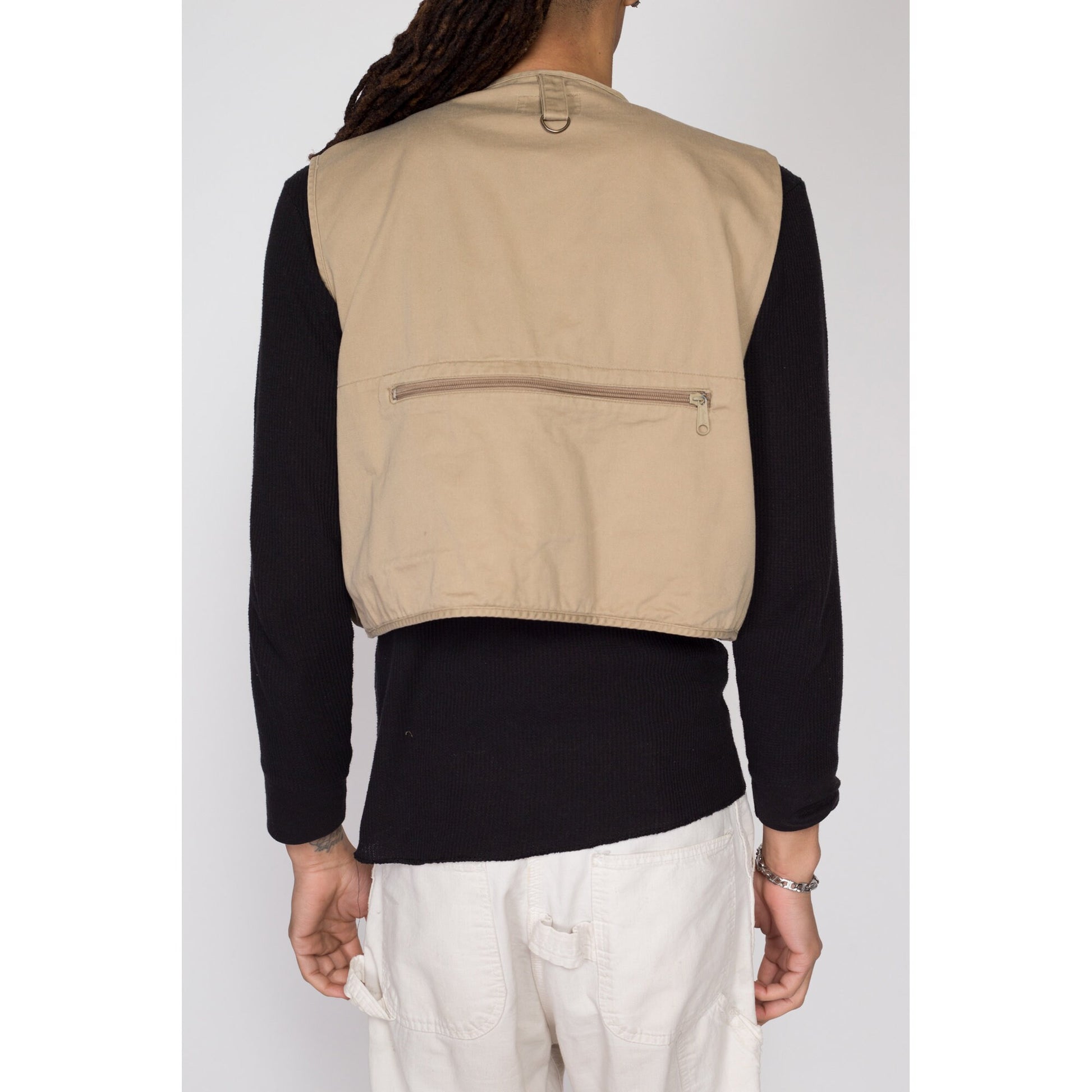 Medium 80s Khaki Fishing Tackle Vest | Vintage Zip Up Sleeveless Workwear Field Jacket