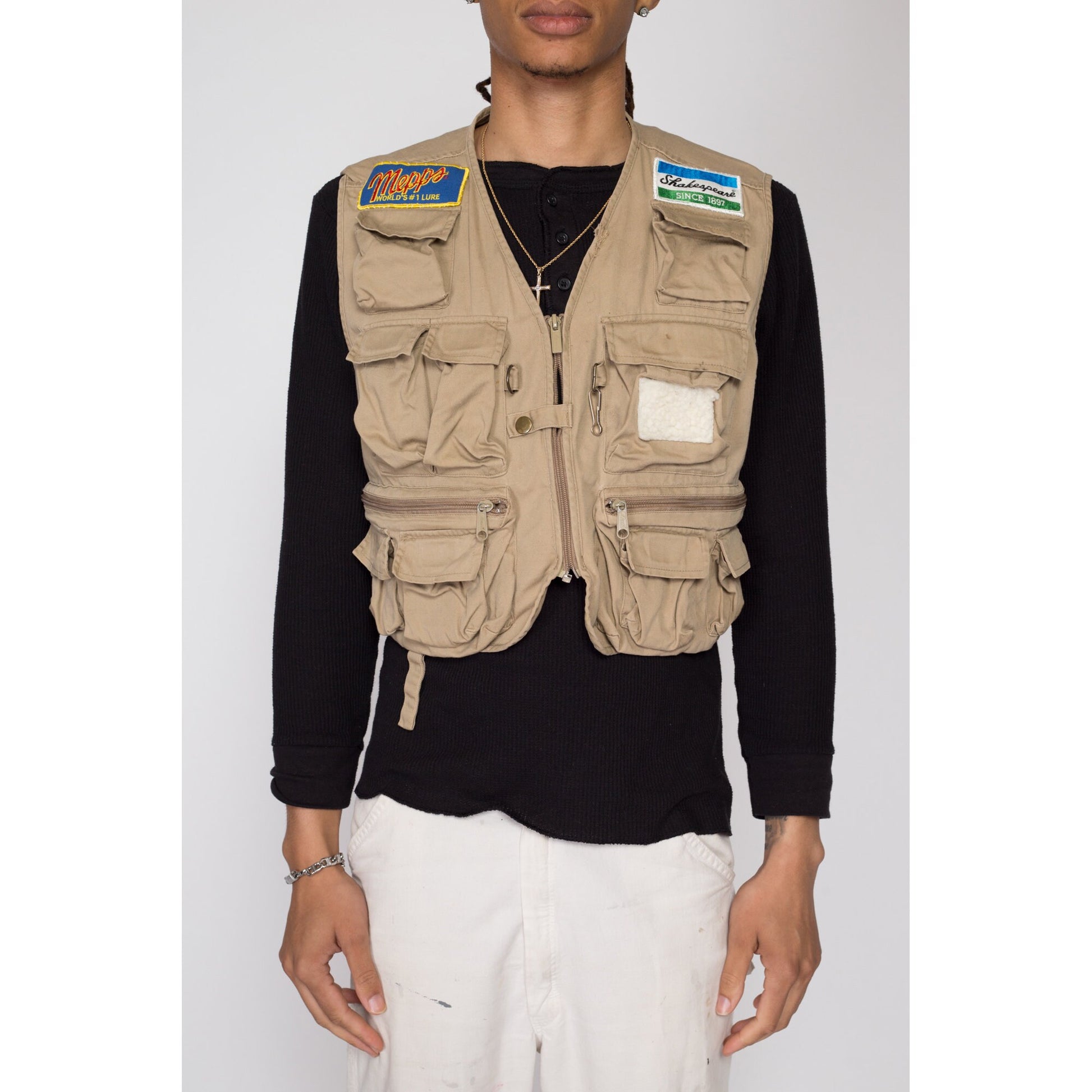 Medium 80s Khaki Fishing Tackle Vest | Vintage Zip Up Sleeveless Workwear Field Jacket