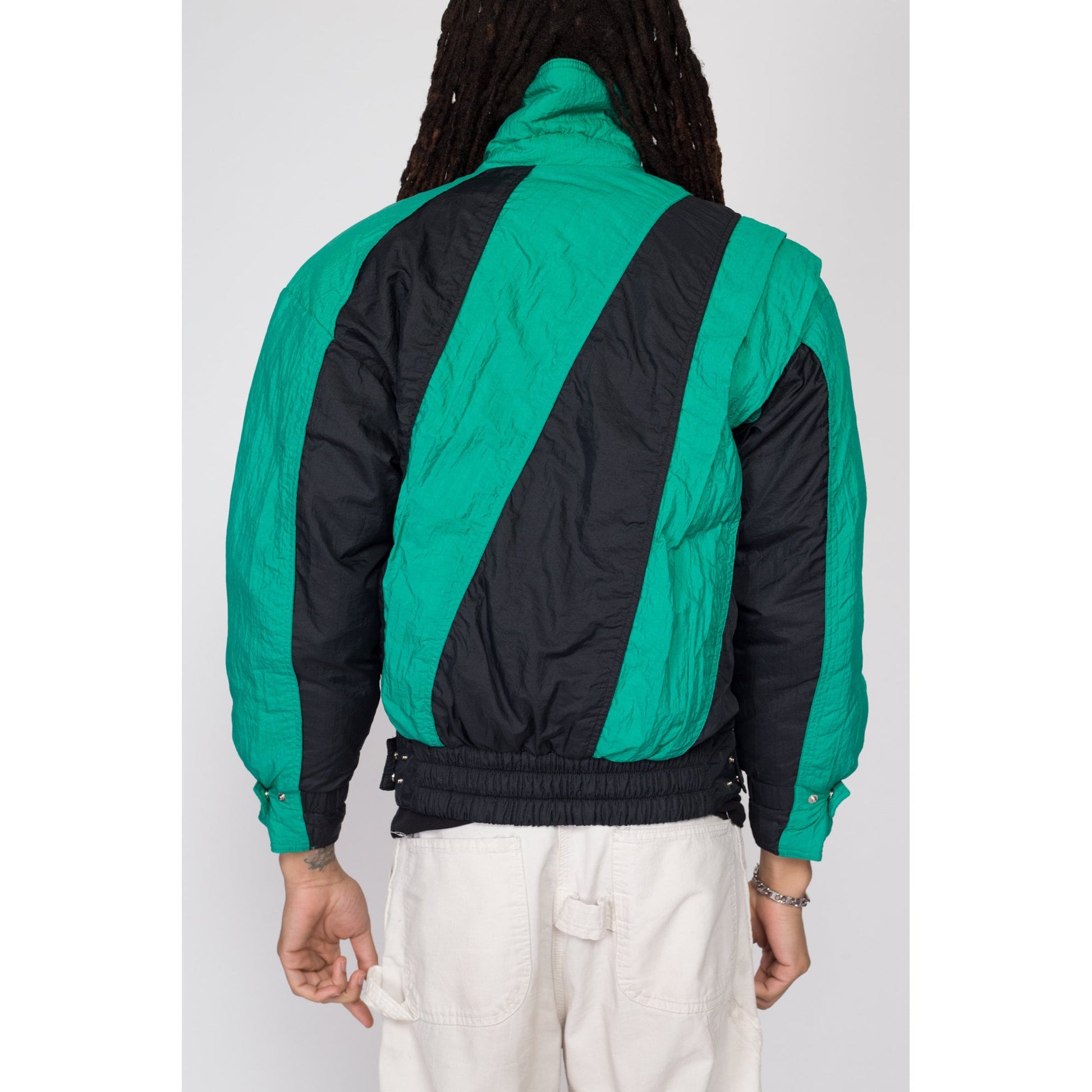 Small 80s Tyrolia Green & Black Striped Down Fill Puffer Jacket | Vintage Head Brand Zip Up Winter Ski Coat