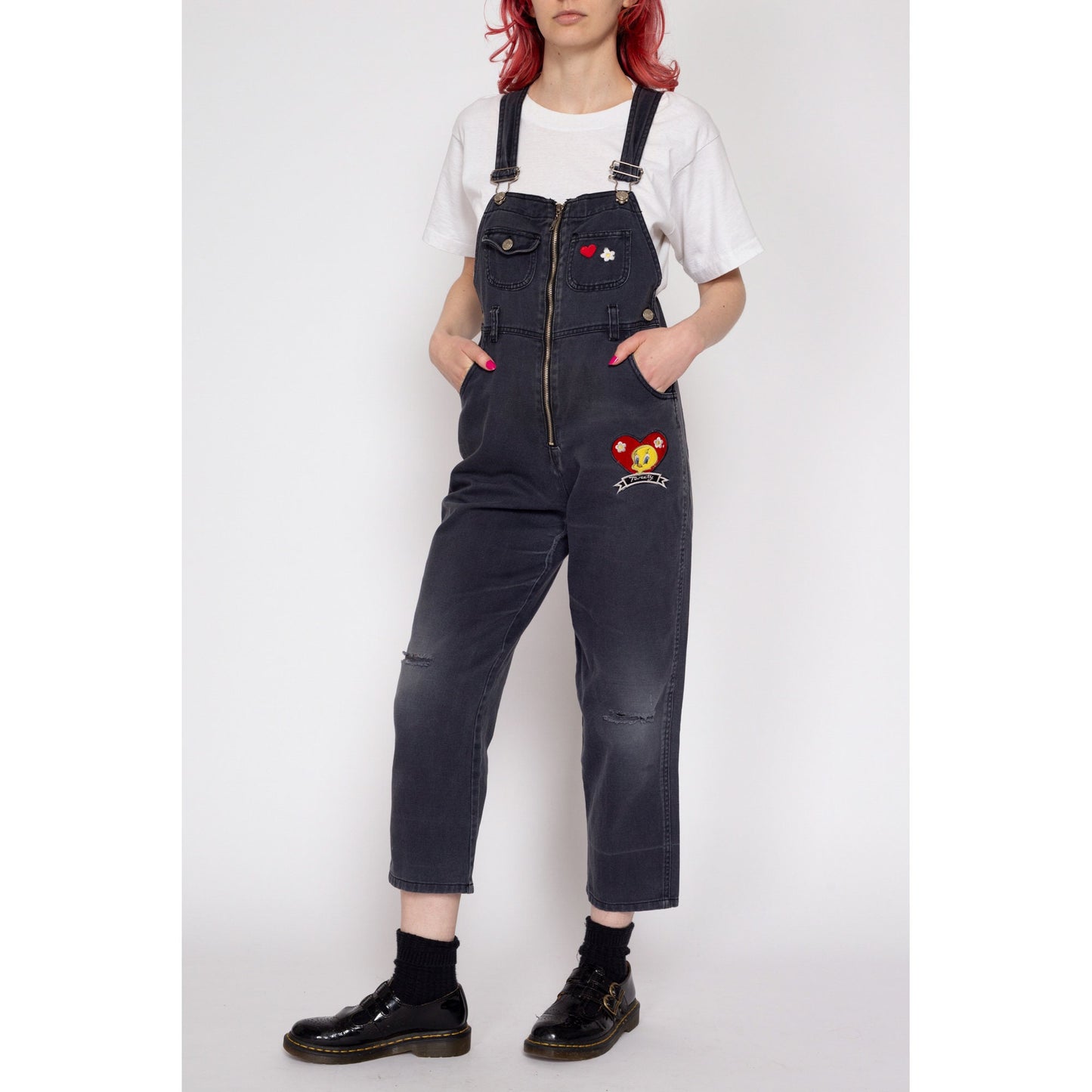 Petite XS 90s Tweety Bird Faded Black Denim Overalls | Vintage Looney Tunes Cartoon Tapered Leg Zip Front Dungarees