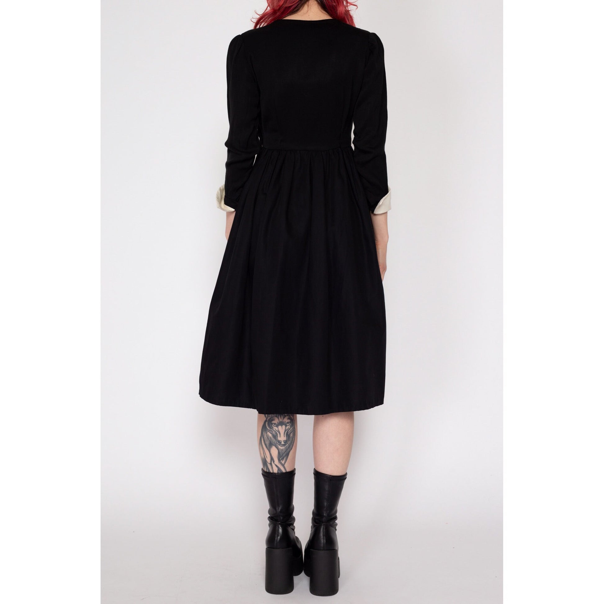 Petite XS 1940s Black & White Gothic Fit Flare Midi Dress | Vintage 40s Cuffed 3/4 Sleeve V Neck Wednesday Addams Dress