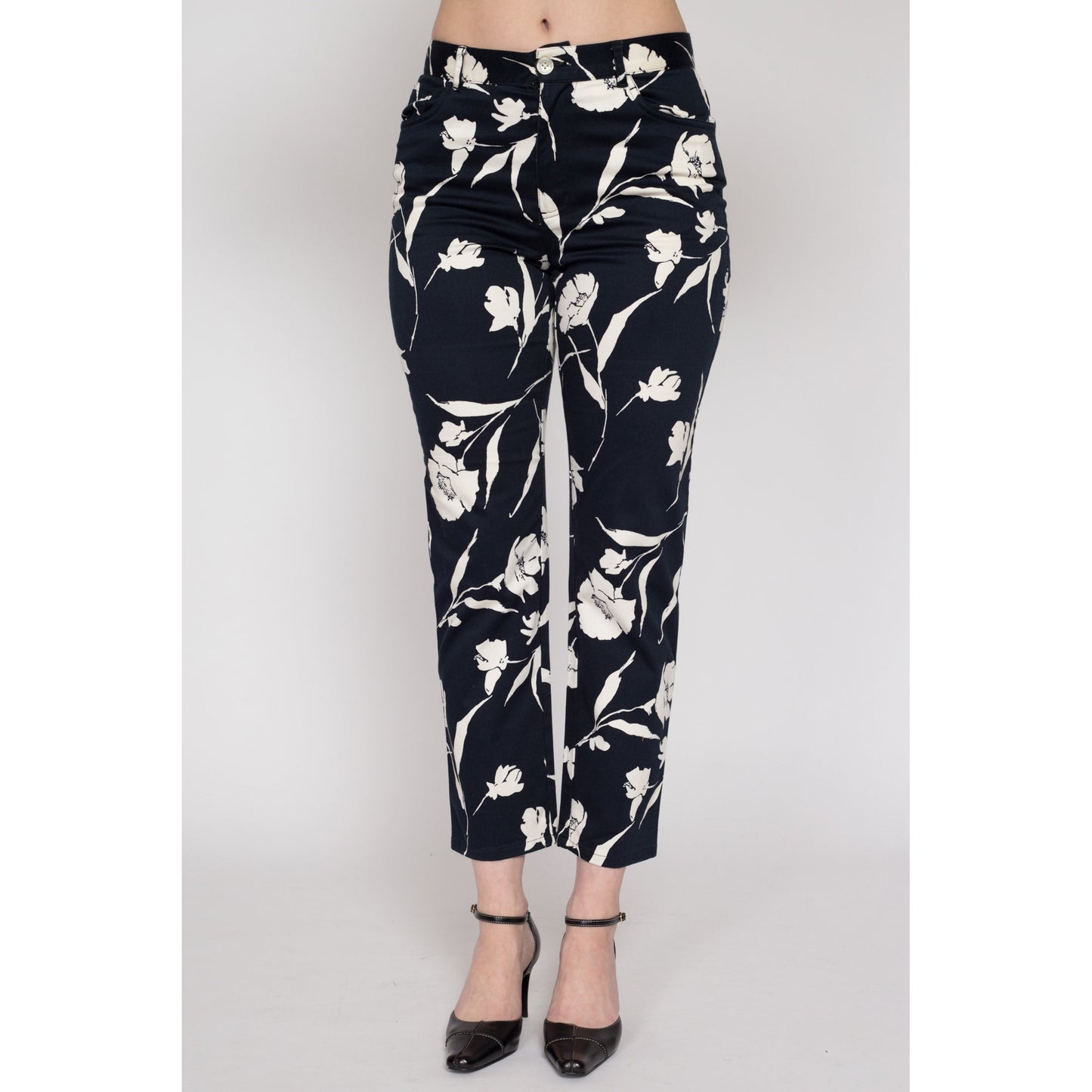 Small 90s Ralph Lauren Black & White Floral Pants Petite | Vintage Two Tone Mid Rise Tapered Leg Trousers