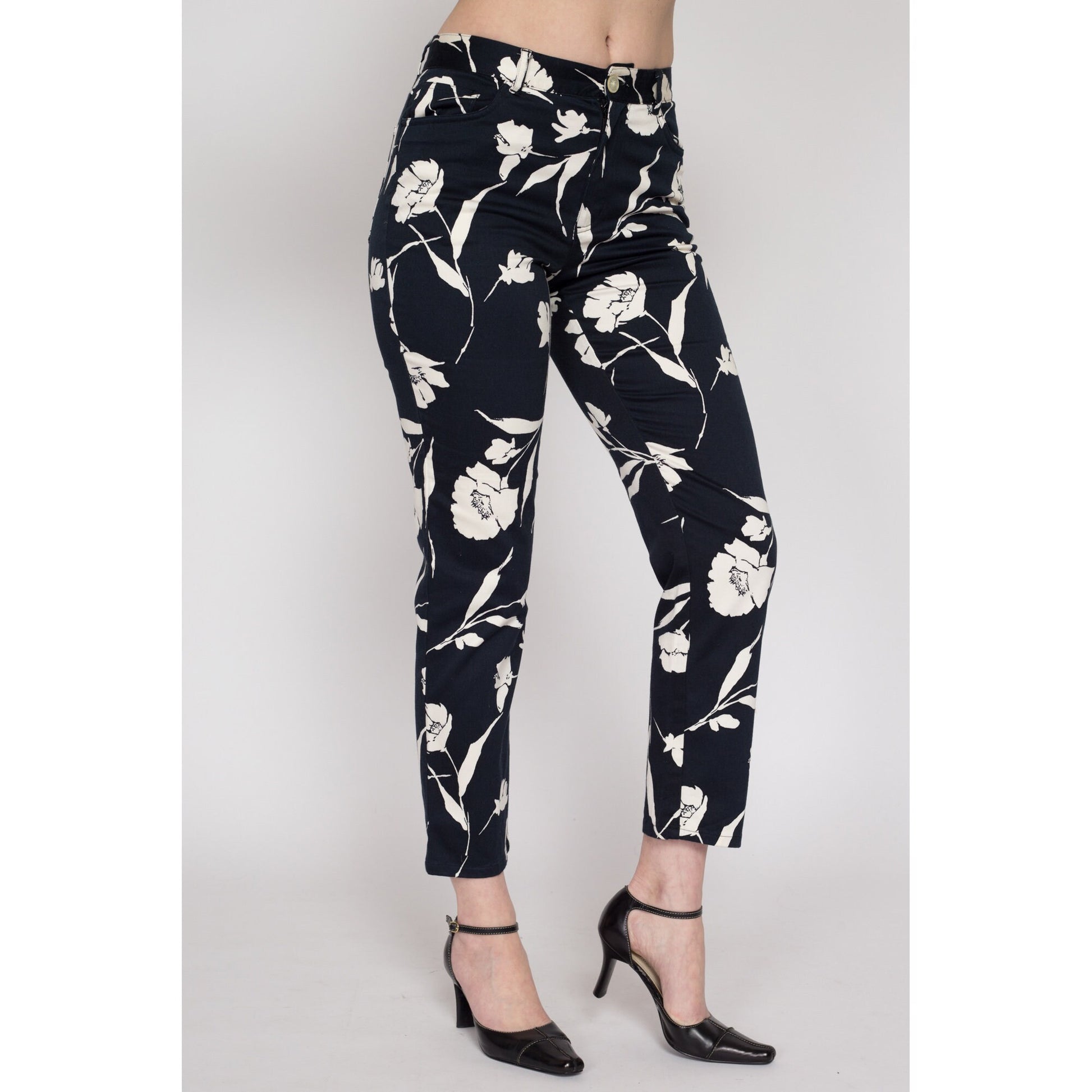 Small 90s Ralph Lauren Black & White Floral Pants Petite | Vintage Two Tone Mid Rise Tapered Leg Trousers