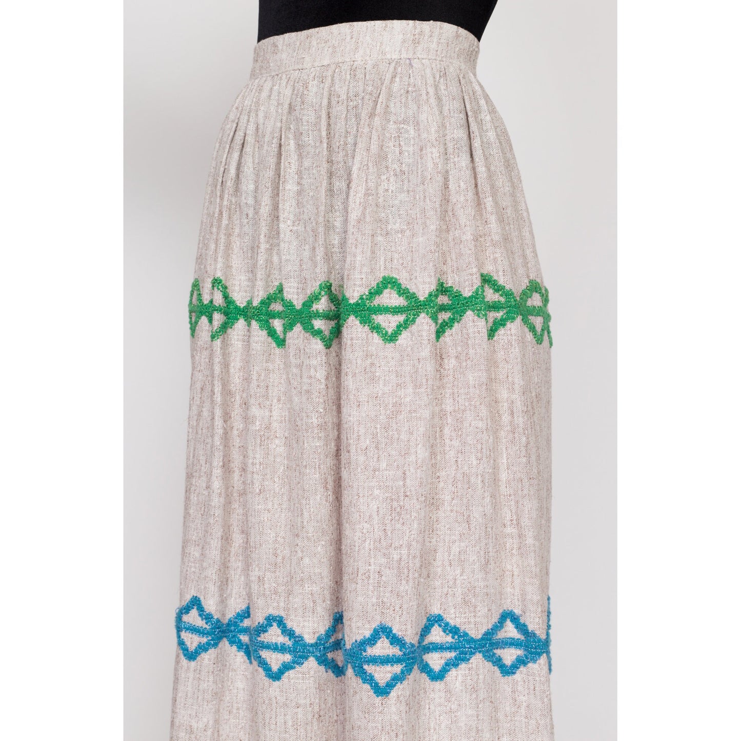XS 70s Boho Embroidered Woven Maxi Skirt 24.5" | Vintage Striped A Line Long Hippie Hostess Skirt