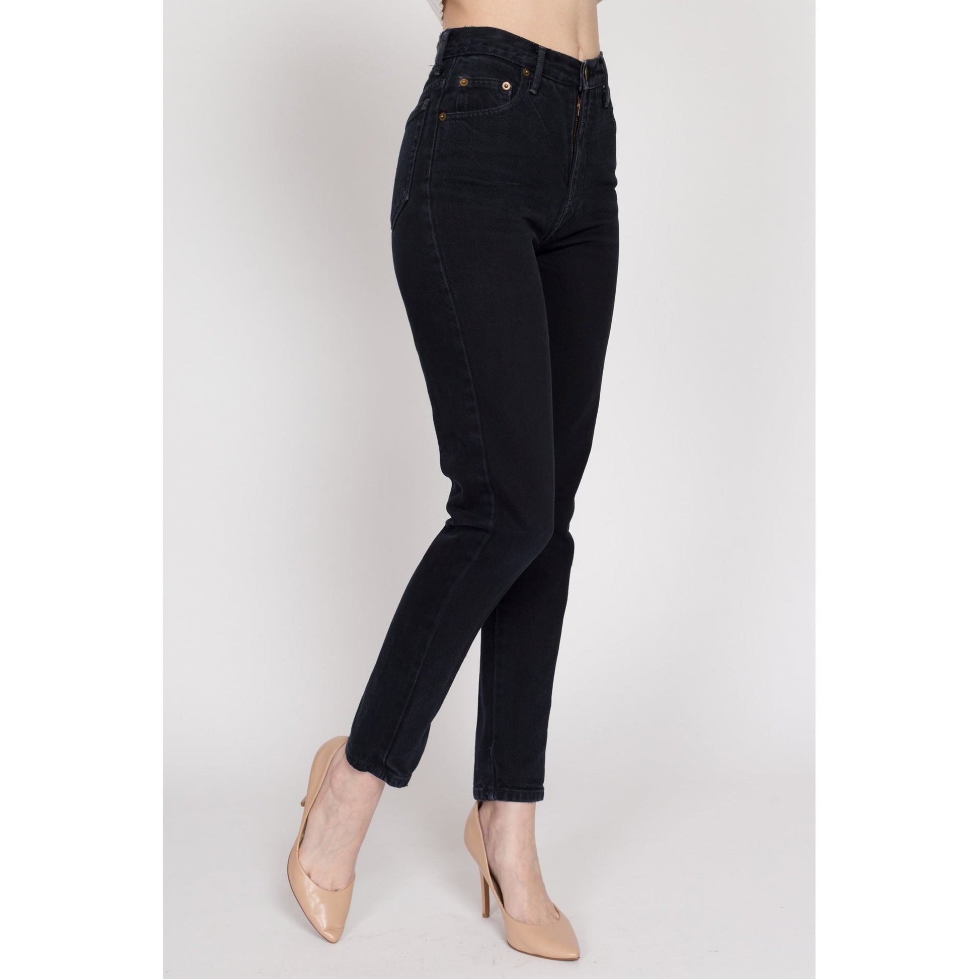 XS 90s Black High Waisted Jeans 25" | Vintage Paris Blues Denim Tapered Leg Slim Skinny Mom Jeans