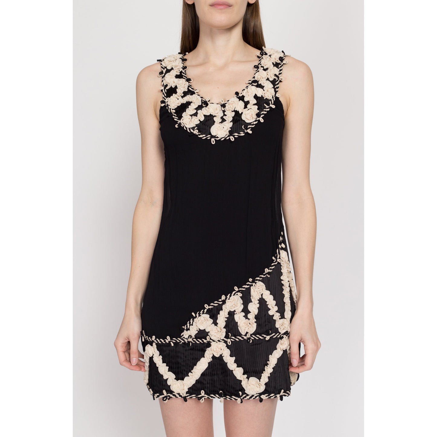 Small Y2K Yoana Baraschi Black & White Ruffle Flapper Mini Dress | Vintage Sleeveless Ribbon Trim Party Dress