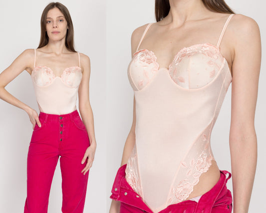 XS-Sm 90s La Perla Blush Pink Teddy Bodysuit 34B | Vintage Designer High Hip Floral Trim One Piece Sexy Lingerie