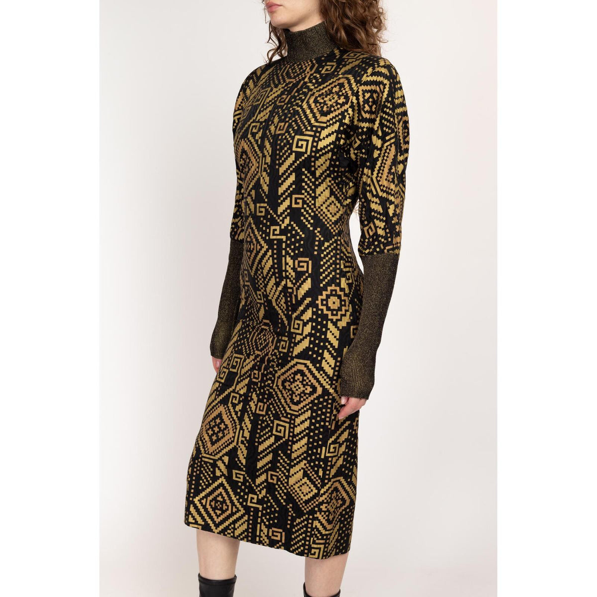 80s Hanae Mori Black & Gold Silk Greek Key Print Dress - Size 6