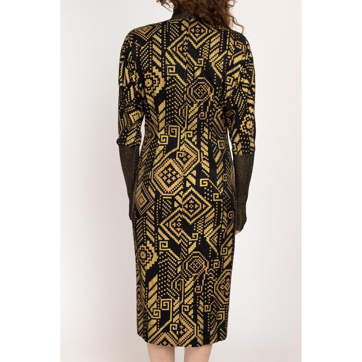 80s Hanae Mori Black & Gold Silk Greek Key Print Dress - Size 6