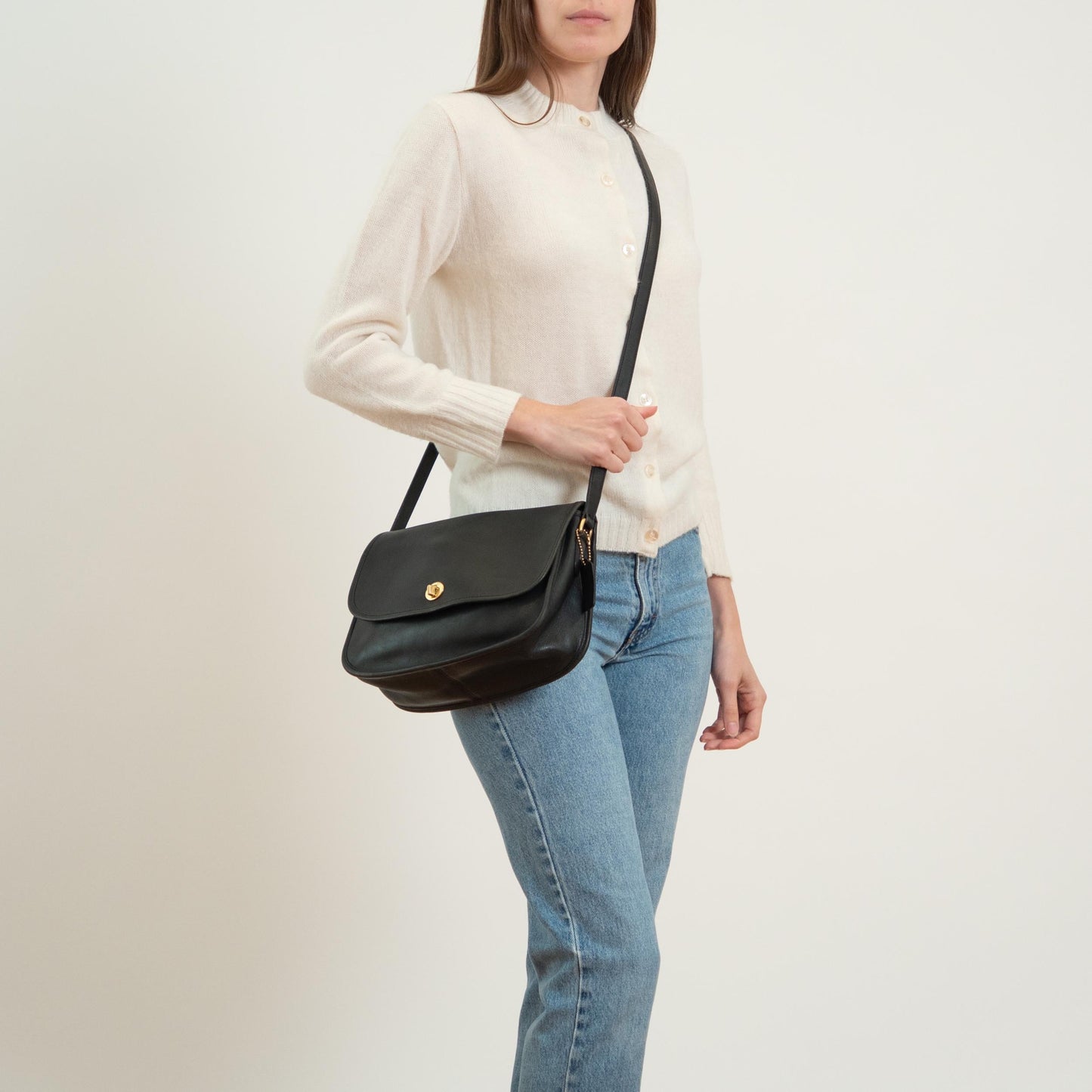 Vintage 90s Coach Black Leather City Bag #9790 | Designer Crossbody Flap Purse