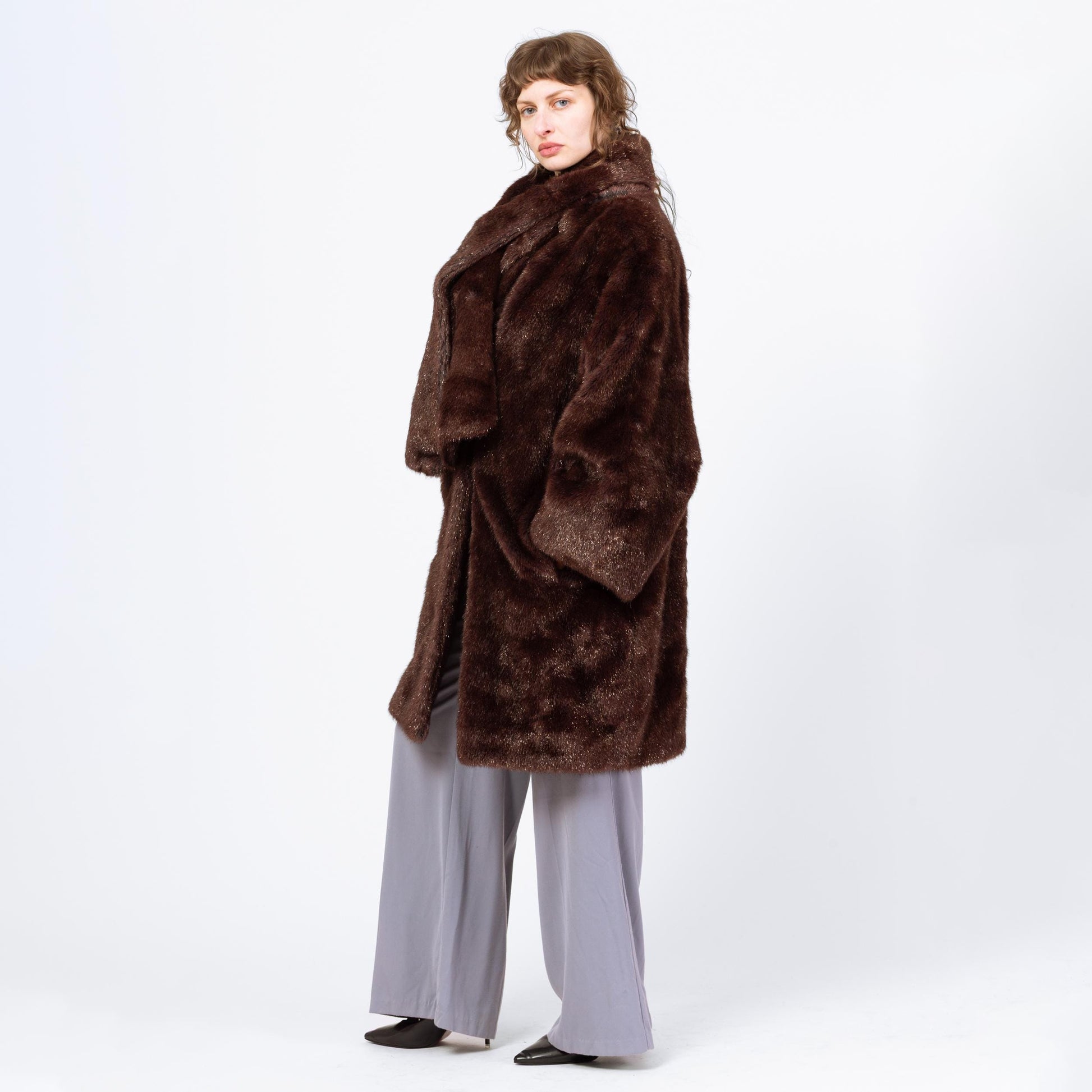 Vintage 80s Guy Laroche Mahogany Faux Fur Scarf Coat - Medium