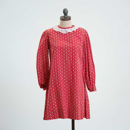 Vintage 60s Red Floral Prairie Collar Tent Dress - Extra Small