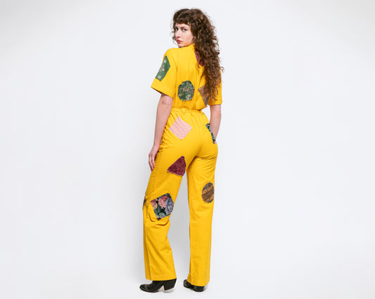 70s Yellow Patchwork Coverall Jumpsuit - Medium