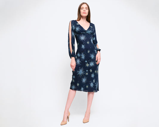 XS Y2K Diane Von Furstenberg Blue Firework Print Silk Midi Dress