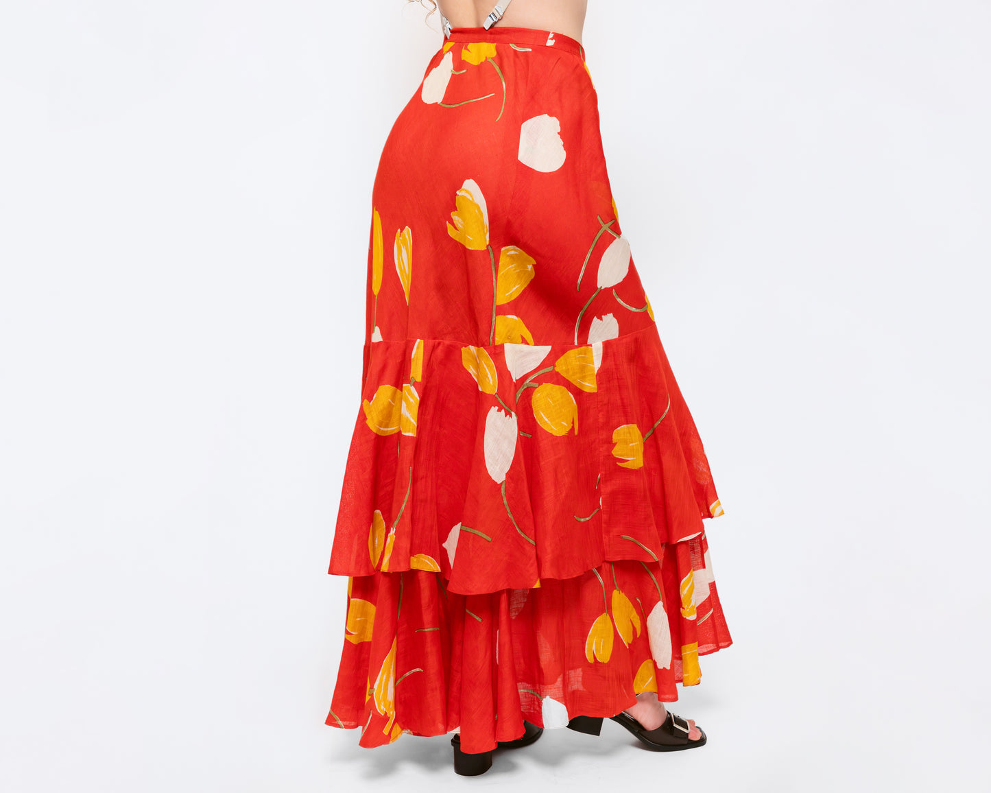 Small 70s Red Linen Tulip Print Maxi Skirt 26.5"