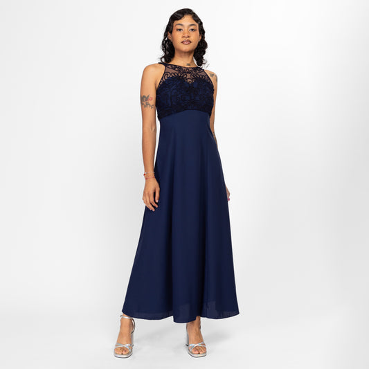 Small 90s Navy Blue Soutache Trim Evening Gown