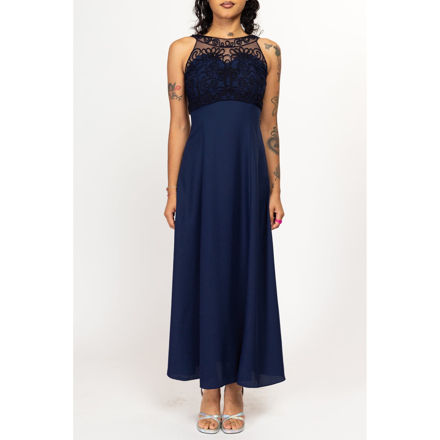 Small 90s Navy Blue Soutache Trim Evening Gown