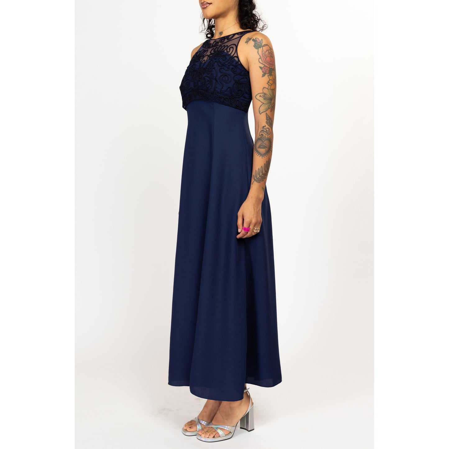 Small 90s Navy Blue Soutache Trim Evening Gown