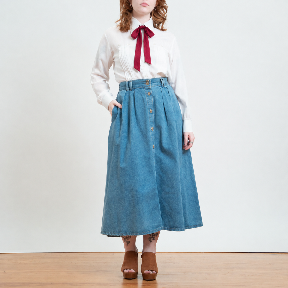 Vintage 90s Denim  Button Front Pleated Midi Skirt - Medium to Large, 28"-32" Waist