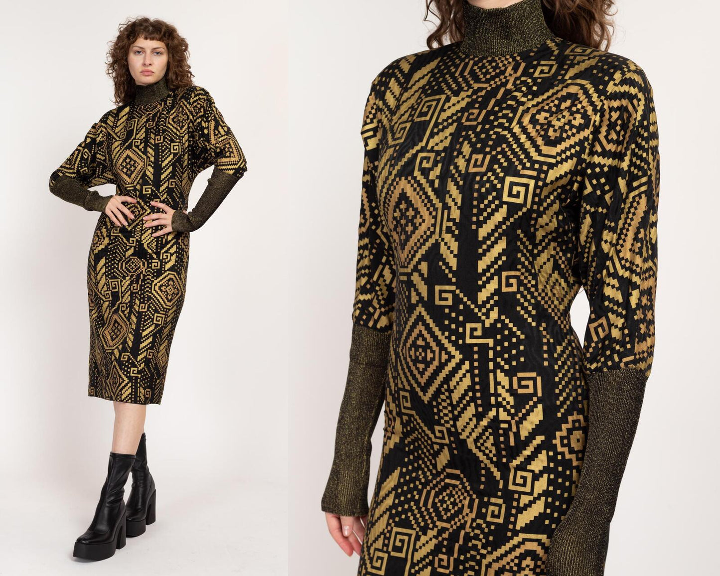 80s Hanae Mori Black & Gold Silk Greek Key Print Dress - Size 6