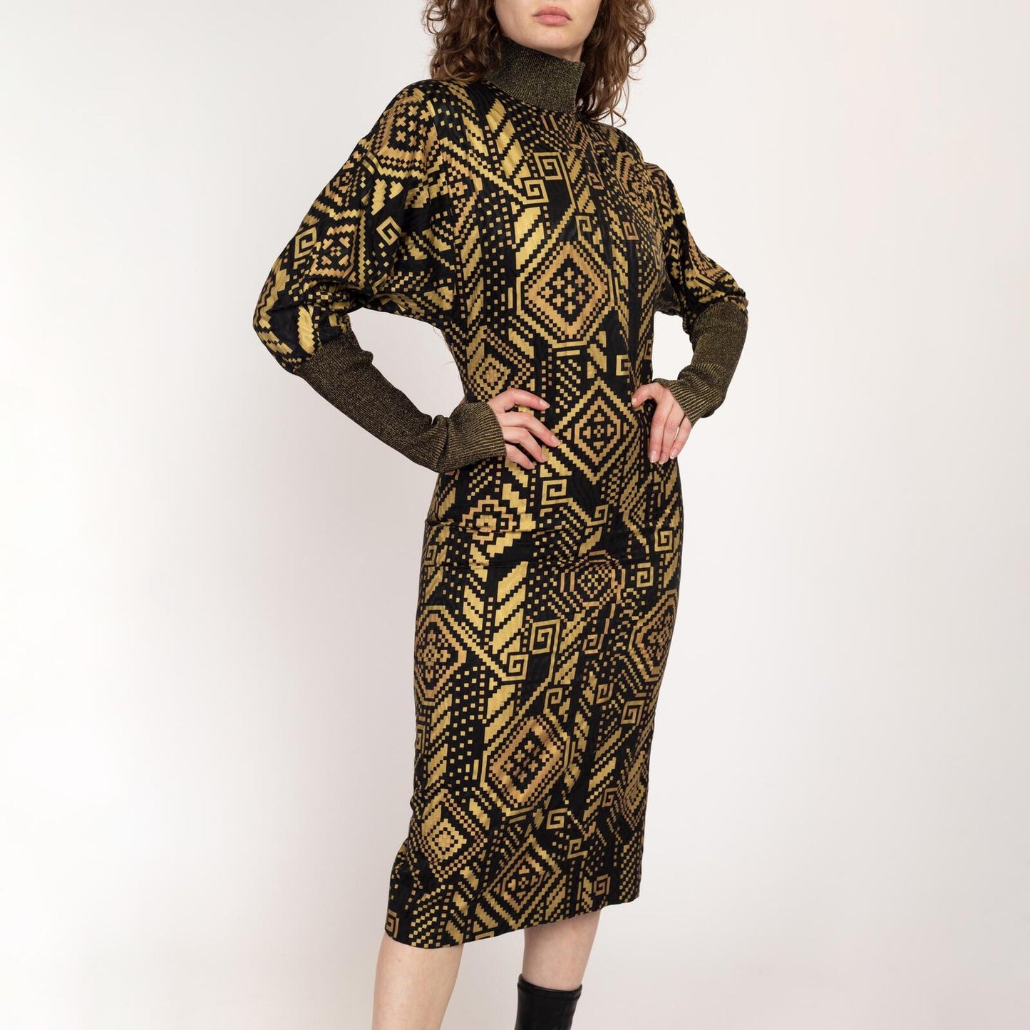 80s Hanae Mori Black & Gold Silk Greek Key Print Dress - Size 6