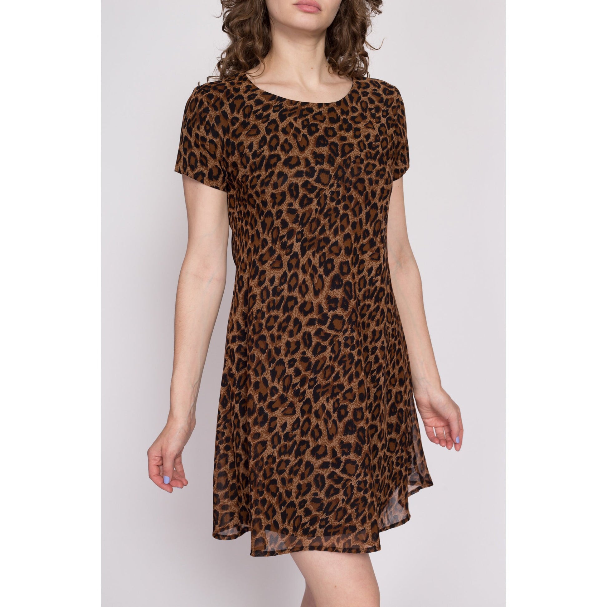 90s Leopard Print Babydoll Dress - Medium | Vintage Boho Grunge Short Sleeve Mini Dress
