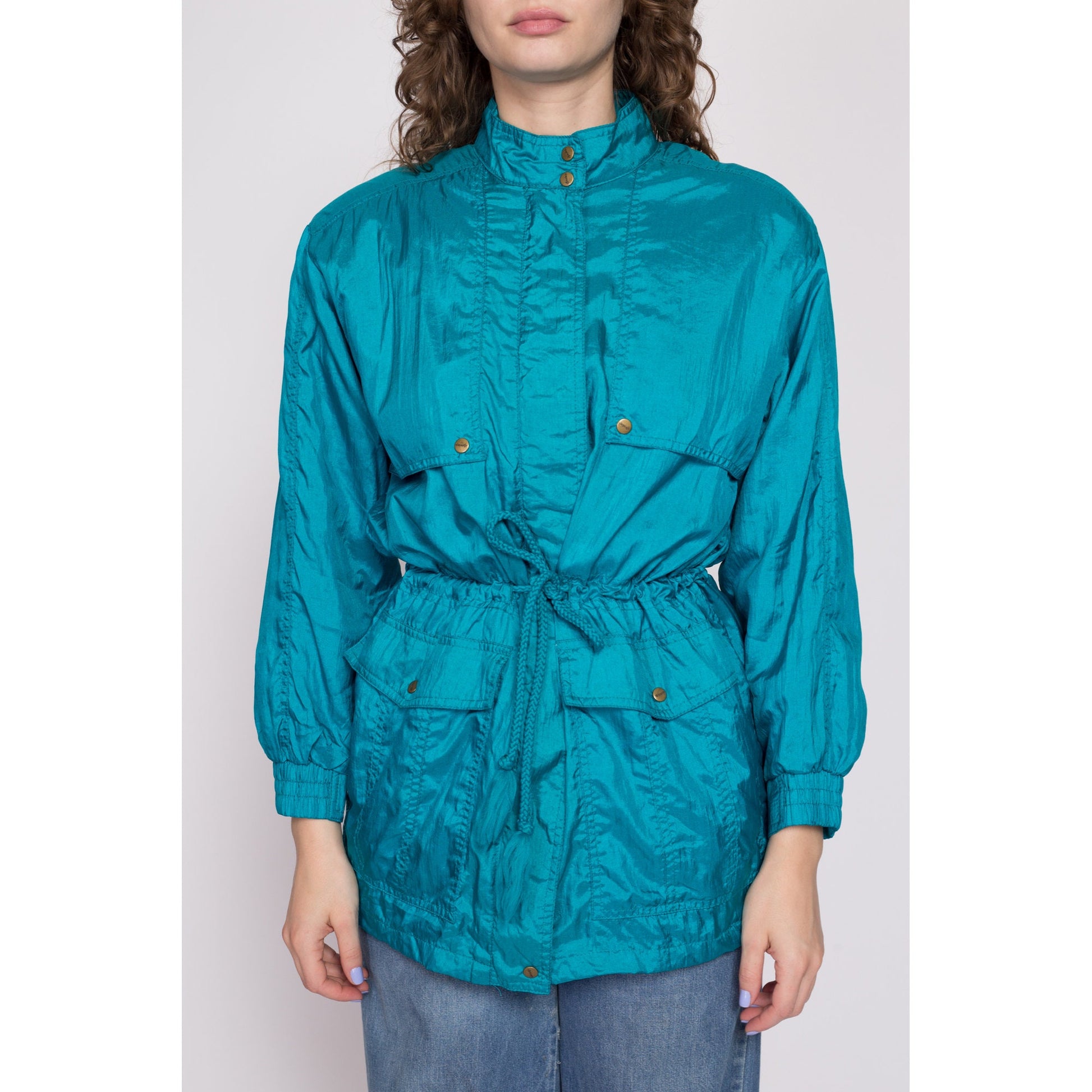 80s Blue Drawstring Waist Windbreaker Jacket - Petite Small to Medium | Vintage Lightweight Zip Up Rain Coat